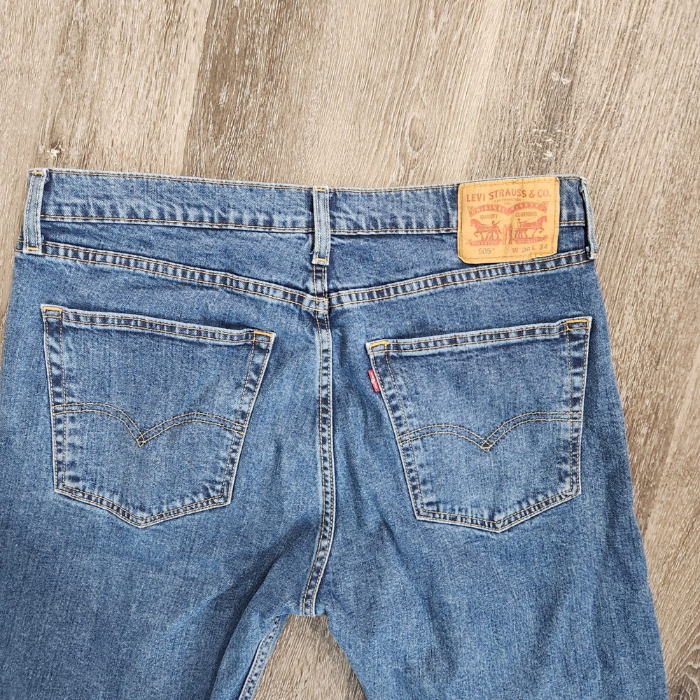 Levis 505 Regular Fit Straight Leg Jeans Mens 36x34 Blue Denim Stretch 505-1625 - Picture 7 of 8